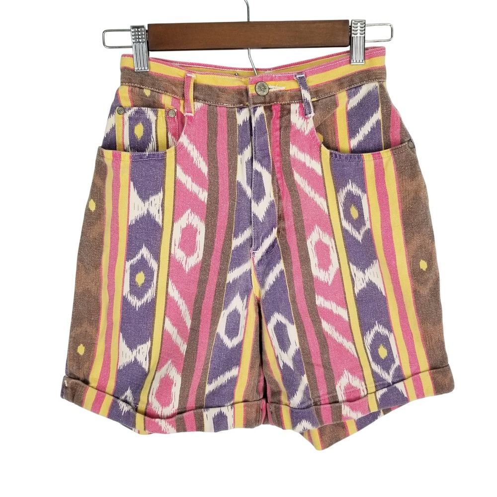Vintage‎ Gitano High Waisted Ikat Geometric Stripe Denim Shorts Pink Purple Sz 6